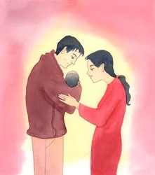 Cuando los cónyuges son obedientes al plan de Dios para el matrimonio, quieren ser fieles el uno al otro, y si es posible la esposa procura cuidar de los hijos como sólo una madre puede hacerlo, 2005 (acuarela sobre papel)