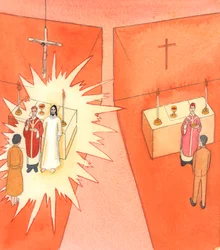 Cuando el pan y el vino son consagrados por un sacerdote católico, se convierten en el Sagrado Cuerpo y Sangre de Cristo; y Cristo transforma al comulgante, por su vida divina, 2005 (acuarela sobre papel)