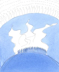 Cada vez que la Iglesia en la tierra reza el Credo con fe y fervor, los Santos y los Ángeles, con la Santísima Trinidad, se regocijan al ver tal resplandor de amor y fe desde la tierra, 2004 (acuarela sobre papel)