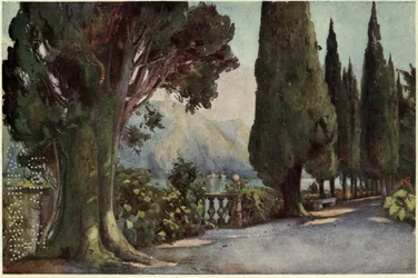 Avenida de los Cipreses, Villa del Pizzo, Lago di Como, Ilustración de "Los lagos italianos" de Richard Bagot