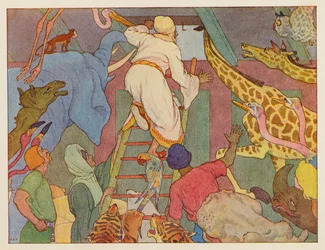 El Arca de Noé: Primera vista de la tierra (litografía en color)