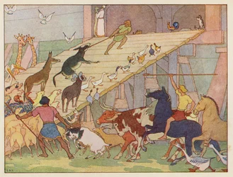 El Arca de Noé: Subiendo a bordo (litografía en color)