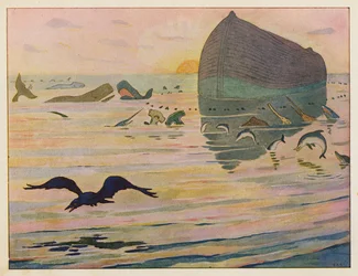 Arca de Noé: El cuervo es enviado (litografía en color)