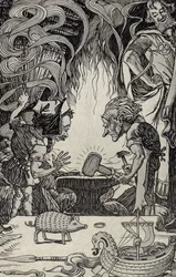 El tercer regalo un martillo enorme, ilustración de Mitos de Muchos Países, publicado en 1912