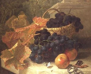 Naturaleza muerta con uvas y tijeras en un estante de piedra