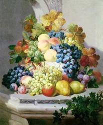 Naturaleza muerta con uvas y peras