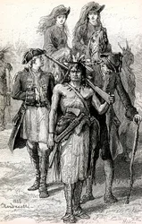 Magua lidera a las hijas del Coronel Munro, con el Mayor Duncan Heyward y David La Gamme