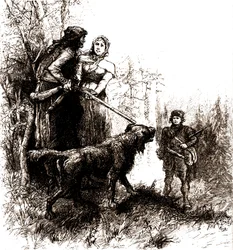 El viejo trampero Natty Bumppo y su perro Hector con Helene Wade y el cazador de abejas Paul Hover