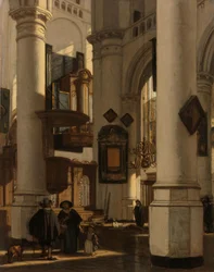 Interior de una iglesia protestante, gótica, con un sepulturero en el coro
Interior de una iglesia gótica protestante con motivos de la Iglesia Vieja y Nueva de Ámsterdam