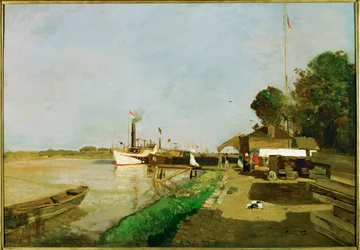 Dampfschiffstation an der Donau bei Kaisermuehlen - Estación de vapor en el Danubio cerca de Kaisermuehlen ... (pintura sobre lienzo)