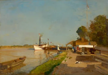 La estación de barcos de vapor en el Danubio frente a Kaisermühlen