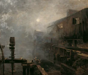 Aserradero en la niebla de la mañana