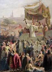 San Bernardo de Claraval predicando la Segunda Cruzada en Vézelay, 31 de marzo de 1146 - grabado después de Emile Signol - San Bernardo de Claraval predicando la Segunda Cruzada en presencia del Rey Luis VII y la Reina Alienor
