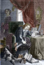 Retrato del escritor francés Paul Scarron (1610-1660) autor de comedias burlescas, está representado en una silla de inválido, su esposa Françoise d