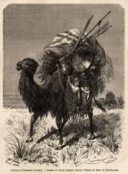 Un camello emigrante mongol, cargando provisiones, diversos utensilios, alfombras, mantas y madera del marco de la tienda, así como niños pequeños en cestas colgantes. Dibujo de Emile Bayard (1837-1891), para ilustrar el viaje de Shanghái a Moscú, de 1859 