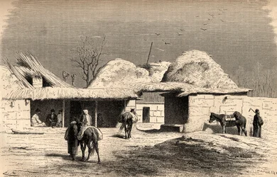 Un caravasar en Taskent, Uzbekistán, ilustración de 