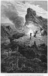 Una cueva prehistórica de noche, ilustración de 