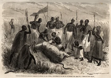 Un hechicero realiza operaciones mágicas sobre un buey sacrificado en Uganda, dibujo de Emile Bayard (1837-1891), ilustrando el viaje de descubrimiento del Capitán Speke en África de 1860 a 1863. Grabado en “Le tour du monde”, editado por Edouard Charton