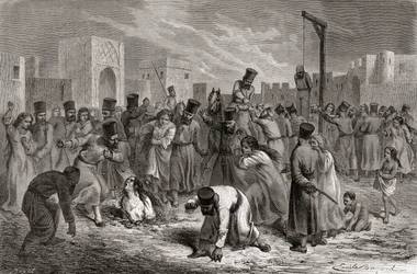 Adúlteros siendo apedreados y colgados en Turquía, ilustración de 