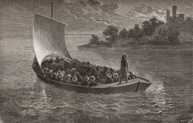 Arminio Vambery y sus compañeros navegando el Mar Caspio en 1863, ilustración de 