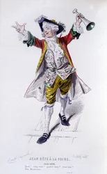Obra completa de Beaumarchais (1732-1799) por Edouard Fournier. dibujo de Emile Bayard. Ed. Laplace, Sanchez et Cie, París 1876. Este es Jean Bestia en "Jean Bestia en la Feria"