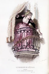 Obra completa de Beaumarchais (1732-1799) por Edouard Fournier. dibujo de Emile Bayard. Ed. Laplace, Sanchez et Cie, París 1876. Esta es Rosine en "El Barbero de Sevilla"