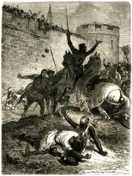 Cruzada contra los albigenses - Asedio de Toulouse, 25 de junio de 1218. El hermano de Simón de Montfort acaba de ser herido por una flecha, Simón de Montfort va a ser asesinado por una bola de catapulta lanzada, se dice, por una de las mujeres de Toulouse