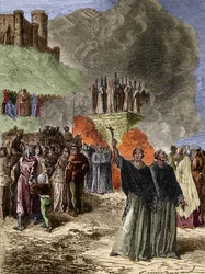 Cruzada contra los Albigenses - Los últimos defensores de Montsegur (Cátaros) quemados en la hoguera en 1244 - Grabado por Emile Bayard según G. Burgun