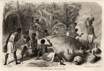 Degustación del pombe (bebida alcohólica por fermentación), en el Karague (oeste del Lago Victoria, en la actual Zimbabue), dibujo de Emile Bayard (1837-1891), ilustrando el viaje de descubrimiento del Capitán Speke en África de 1860 a 1863. Grabado en "Le