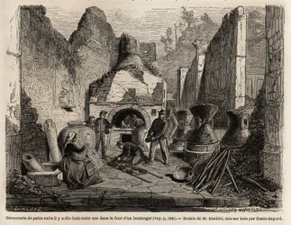 Descubierto por un horno de panadería y pan conservado en cenizas durante las excavaciones de 1864 en Pompeya, dibujo de Emile Bayard (1837-1891), para ilustrar el texto de Marc Monnier (1829-1885) “Pompeya y los Pompeianos”. Grabado en “Le tour du monde”,