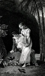 Grabado que ilustra una edición de finales del siglo XIX de la novela de Jacques-Henri Bernardin de Saint Pierre: Paul et Virginie. Los pájaros aterrizan sin miedo cerca de la joven pareja de amantes en el bosque. Dibujo de