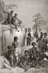 Rey hawaiano Kamehameha I y sus guerreros, ilustración de 