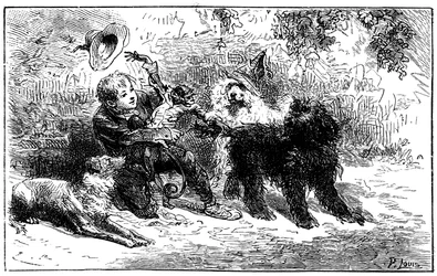 Ilustración de Emile Bayard para la novela de Hector Malot "Sans Famille": Remi juega con sus amigos, los animales sabios de la troupe de Monsieur Vitalis, artista itinerante - Joli-Coeur (corazón bonito), el mono y los tres perros Capi, Zerbino y Dol