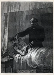 Jean Valjean cierra los ojos de la muerta Fantine - Ilustración de Emile Bayard (1837-1891) para Los Miserables - Primera Parte: Fantine por Victor Hugo (1802-1885) 1862