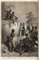 Kamehameha I (ca. 1758-1819), rey de las Islas Hawaianas y fundador de su unidad, rodeado de guerreros hawaianos y algunos súbditos en Honolulu, grabado según el dibujo de Emile Bayard, ilustrando el viaje a las Islas Sandwich, en 1855-69, por C
