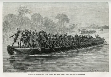Gran canoa de los Arouhouimi, cargada con 40 remeros de pie y veinte guerreros armados, en el río Livingstone (Congo), dibujo de Emile Bayard, para ilustrar la historia “A través del continente misterioso”, viaje realizado entre 1874-1877, por Sir H.M. Sta
