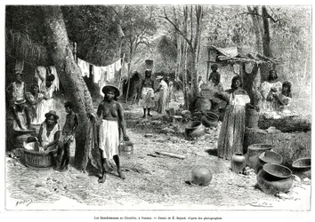 Las lavanderas en Chorillo, Panamá, grabado según un dibujo de E.Bayard, para ilustrar la historia Exploración en el istmo de Panamá y Darién, por A. Reclus, teniente de navío, de 1876 a 1878, publicado en Le tour du monde, bajo la dirección de Edouard Cha