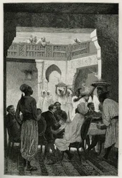 Almuerzo en la casa del ministro de guerra, con turbante, frente al autor de la historia, llegando por el patio, una fila de sirvientes llevando los platos de la comida, grabado por Emile Bayard, para ilustrar la historia de Marruecos por Edmondo de Amicis