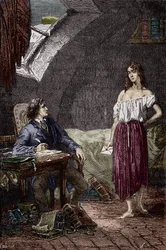 Marius y Eponine, hija mayor de los Thenardier y enamorada de Marius Ilustración de la novela "Los Miserables" de Victor Hugo (1802-1885) Ilustración de Emile Bayard - (Eponine Thenardier (niña Jondrette) y Marius) Grabado Colección particular