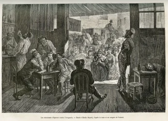 Cantantes de himnos borrachos de Mother Carey reunidos en la entrada de un bar de whisky de Ohio para luchar contra el florecimiento del alcoholismo. Dibujo de Emile Bayard para ilustrar la historia La conquête blanche, de William Hepworth Dixon, en 1875, 
