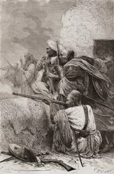 Rebeldes afganos del norte luchando contra los británicos en las montañas de Hazara, Pakistán, durante el dominio británico, 1878