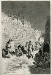 Esperando la audiencia del sultán, un grupo de hombres, mujeres, urbanos, rurales, burgueses y mendigos en las calles de Fez, el sultán concede audiencia tres veces por semana a cualquiera que lo solicite para un favor o para obtener justicia, grabado por 