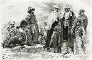 Mujeres kirguís pobres y ricas. Grabado por Emile Bayard, para ilustrar impresiones de viaje de Orenburg a Samarcanda, por Marie de Ujfalvy-Bourdon, entre 1876 y 1878, en el Tour du monde, dirigido por Edouard Charton