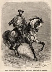 Retrato del autor, en su montura, vistiendo su traje de viaje, grabado después de un dibujo de Emile Bayard ilustrando la historia sobre el desierto de Acatama y Caracoles (Sudamérica), por el ingeniero A. Bresson, en 1870-1874, publicado en 