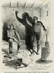 Sir Henri Morton Stanley (1841-1904) y Franck Pock, su compañero de exploración, deciden a cara o cruz el itinerario de su viaje, dibujo de Emile Bayard, para ilustrar la historia “A través del Continente Misterioso” (África Ecuatorial), un viaje c