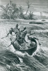 Stanley supera los rápidos en el río Congo, dibujo de Emile Bayard