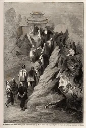 El Camino del Cielo, dibujo de E.Bayard, basado en una pintura de una pagoda en Tien Tsin, ilustrando el viaje de Shanghái a Moscú, de 1859 a 1862, por M.de Bourboulon, Ministro de Francia en China. Grabado en "Le tour du monde", editado por Edouard Charto