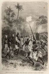 La llegada de la prometida de Hamis al pueblo de Hara (Zambia), califourchon sobre los hombros de un hombre, acompañada por una docena de seguidores cada uno llevando una pequeña cesta de provisiones en la cabeza, grabado después de un dibujo de Emile Baya