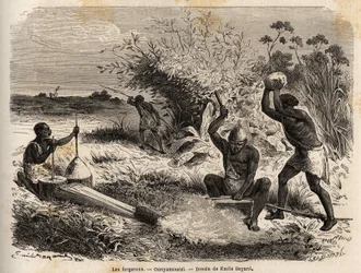 Los herreros, en el ounyamouezi (región de los Grandes Lagos, África), dibujo de Emile Bayard (1837-1891), ilustrando el viaje de descubrimiento en África, de 1860 a 1863 del Capitán Speke. Grabado en “Le tour du monde”, editado por Edouard Charton