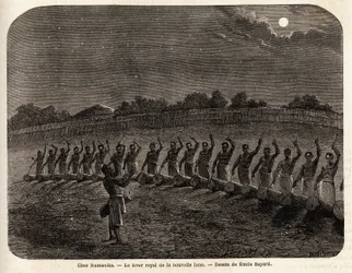 La ceremonia de los tambores para el ascenso de la nueva luna, en la cabeza de la tribu Rumanika, en Karague (oeste del lago Victoria, en la actual Zimbabue), dibujo de Emile Bayard (1837-1891), ilustrando el viaje de descubrimiento del Capitán Speke en Áf